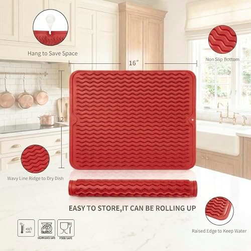 MicoYang Silicone Dish Drying Mat — Quick-Dry Ridges Counter & Sink Pad, Heat-Resistant Trivet to 450°F, Non-Slip & Dishwasher Safe, Roll-Up Storage, 18 Colors & 9 Sizes (Red, 16"×12") - Image 2