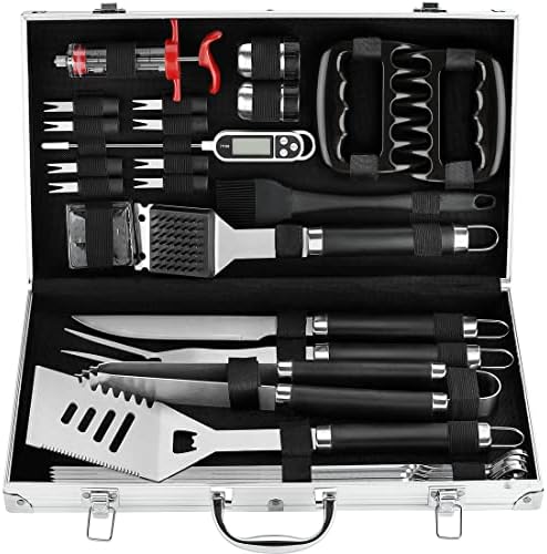POLIGO 26Pcs Exclusive BBQ Grill Accessories in Aluminum Case for Birthday Fathers Day Grilling Gift - Grill Utensils Set with Barbecue Claws, Meat Injector, Thermometer for Smoker, Camping BBQ Black by POLIGO