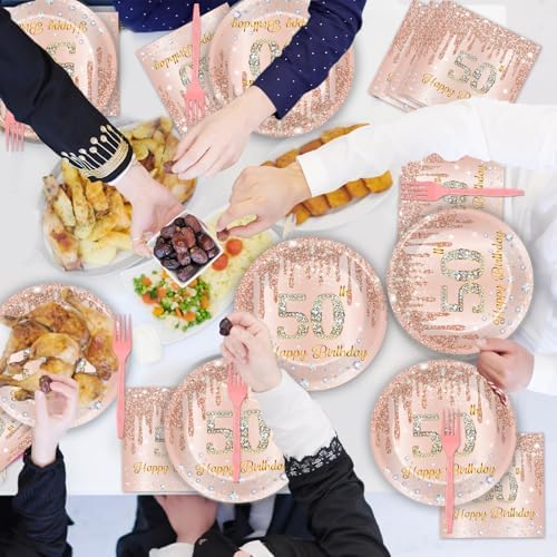 CHUNNIN 200 PCS Happy 50th Birthday Party Plates Napkins Pink Rose Gold Tableware Set for Women 1976 Decorations Dessert Plates Forks Serve 50 Guests for Girls 50th Birthday Party Supplies - Image 6