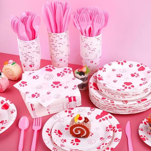 Kochorie 400 Pieces Pink Paw Disposable Party Tableware Sets Dog Puppy Supplies Including Plates Cups Napkins Cutlery Serves 50 for Birthday Puppy Theme Party Decorations - Image 4