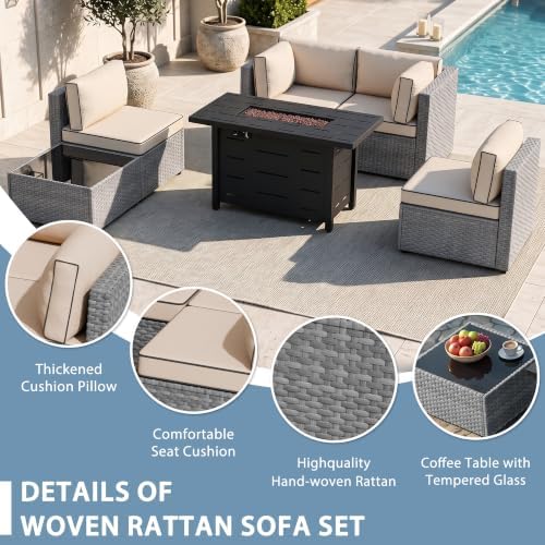 Shintenchi 6 Piece Outdoor Patio Furniture Set with 43 Inch Propane Fire Pit, Washable Cushions, Glass Coffee Table, Waterproof Cover & CSA Certified for Backyard Poolside, Silver PE Rattan/Khaki - Image 4