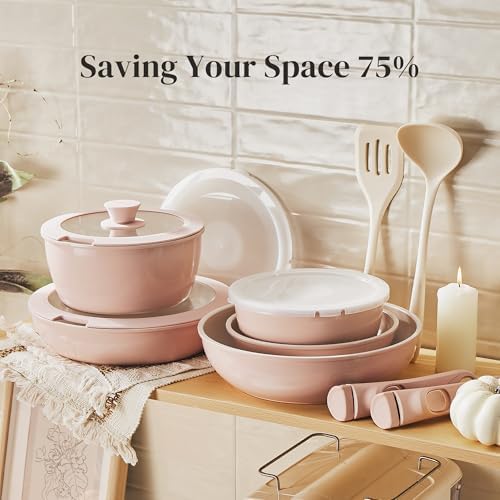 Redchef 16pcs Ceramic Pots and Pans Set, RV Cookware Set for Camping, Pink - Image 5