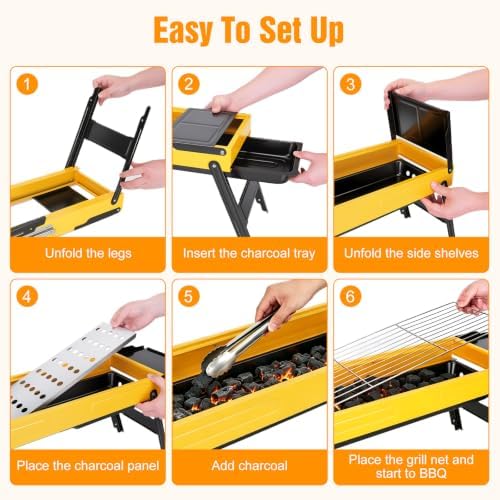 Portable Charcoal Grill, Small Stainless Steel Camping Tabletop BBQ Grill with Foldable Side Shelves, Compact Tabletop Barbecue with Carry Handle for Outdoor Picnic Backyard Beach Travel - Image 4