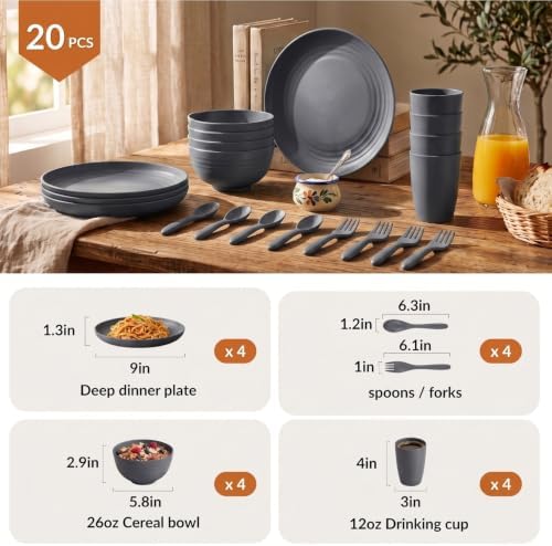 Wheat Straw Dinnerware Sets, Homienly 20pcs Unbreakable Microwave Dishwasher Safe Tableware Lightweight Bowls, Cups, Plates Set Reusable Dinner Plates Bowls set (Dark Grey) - Image 2