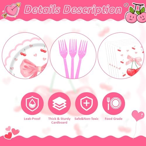 96Pcs Pink Bow Cherry Paper Plates Napkins Set for 24 Guests - Image 3