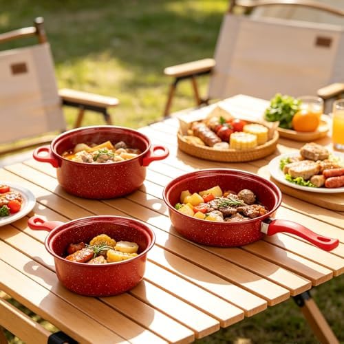 13 Piece Set Non-Stick Cookware Set, Portable Lightweight Cast Iron Pots and Pans with Glass Lids and Nylon Utensils for Outdoor Camping Picnic Travel Cookware - Image 7