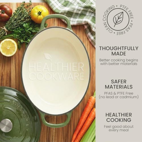 Larder & Vine 8 qt Oval Enameled Cast Iron Dutch Oven Pot, Okra - Image 5