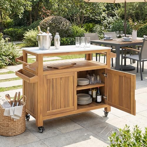 Christopher Knight Home Shina Outdoor Bar Cart with Marble-Effect Top and Lockable Wheels, Acacia Wood Outdoor Storage Cabinet with Three-Tier Slatted Shelves, Kitchen Island Serving Cart, Natural - Image 3