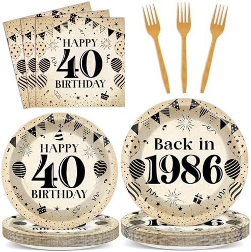 96Pcs 40th Birthday Party Paper Plates and Napkins for Back in 1986 Themed Party Supplies Vintage 40 Year Old Dessert Plates 40th Tableware for Men Women Birthday Gatherings Decorations by Oitnlaughter