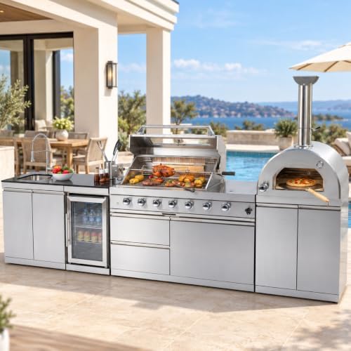 108,000 BTU Modular Outdoor Kitchen,125" Stainless Steel Natural Gas BBQ Grill with Built-In Pizza Oven,Side Burner,Rotisserie,Refrigerator,Granite Countertop,Storage Drawers & Cabinets. by Unknown