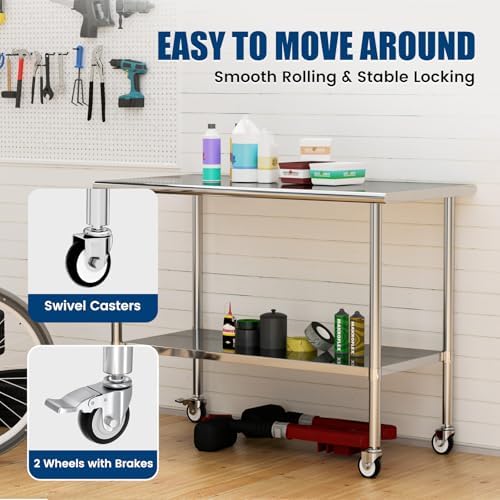Stainless Steel Work Table with Wheels, 24x60 Inch NSF Kitchen Prep Table with Adjustable Undershelf for Commercial Restaurant, Garage, Outdoor BBQ - Image 6