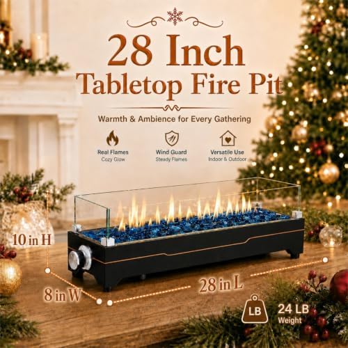 GRISUN 28 Inch Propane Tabletop Fire Pit, 45,000 BTU with Glass Wind Guard - Image 3