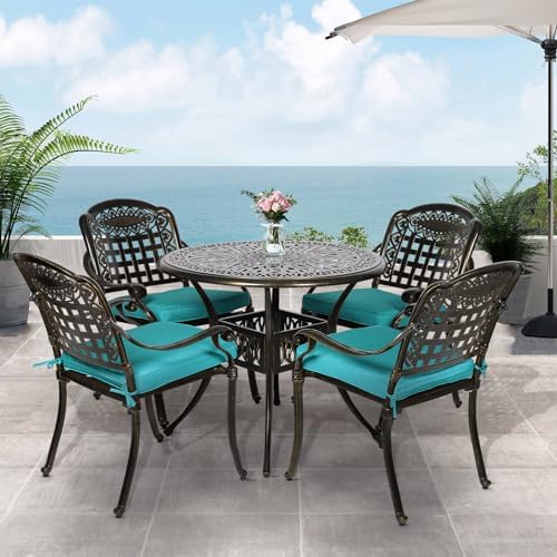 VIVIJASON 5-Piece Patio Furniture Dining Set, All-Weather Cast Aluminum Outdoor Conversation Set, Include 4 Cushioned Chairs and a 35.4" Round Table w/Umbrella Hole, Ocean Blue Cushion - Image 2