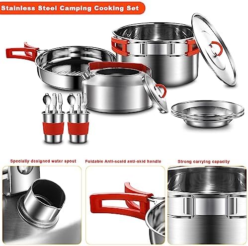 304 Stainless Steel Camping Cookware Set - Mess Kit with Pots, Pans, Kettle, Plates, Forks, Knives, Spoons for 2 People, Perfect for Camping, Picnic, RVs - Image 3