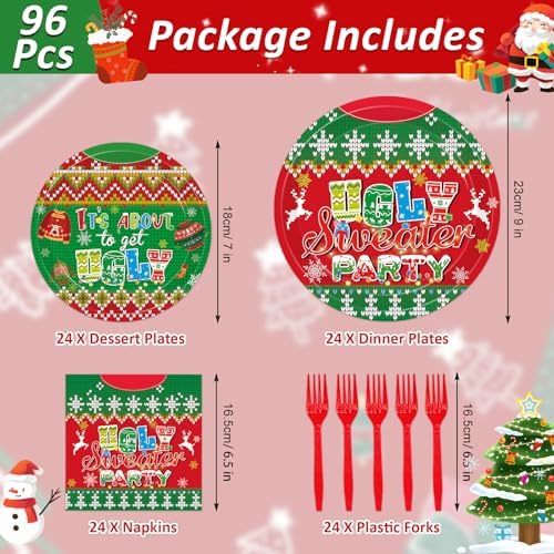96Pcs Ugly Sweater Paper Plates Napkins Set for 24 Guests - Image 3
