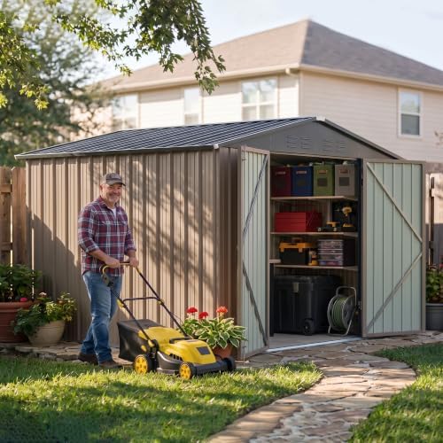 Devoko 8x10 FT Outdoor Storage Shed, Metal Tool Shed with Lockable Door&Slooping Roof, Outside Storage for Garden Backyard Patio(Brown) - Image 6