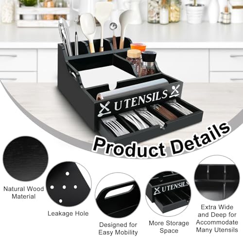 Kitchen Utensil Holder, Lagre Wooden Cooking Utensil Holder, Farmhouse Spatula Organizer, Countertop Utensil Crock for Forks Spoons Knives Kitchen Cooking Tools Storage with 11 Compartments(Black) - Image 3