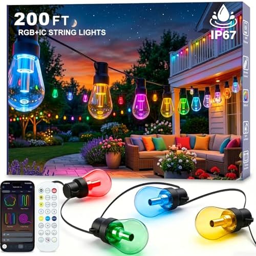 Beizelte Outdoor String Lights, 200FT RGB+IC Outside Light Dimmable Shatterproof LED Bulbs, IP67 Waterproof Chasing Effect Lighting DreamColor Patio Strip Lights for Backyard, Balcony, Outdoor Living by Beizelte