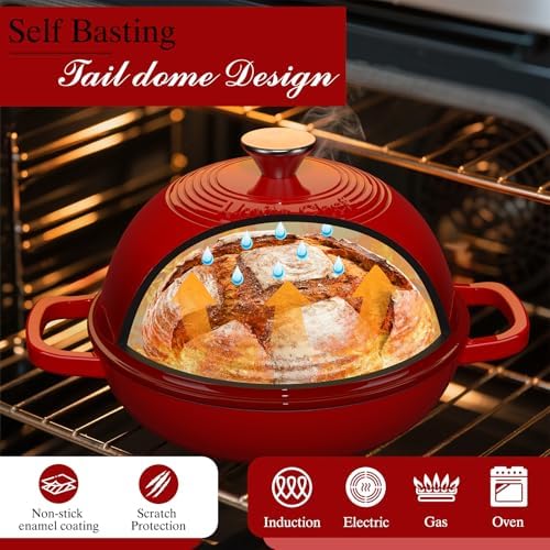 Enamelled Cast Iron Dutch Oven Pot – Dutch Oven Pot with Lid For Sourdough Bread Baking – Cast Iron Bread Oven – Red, Umite Chef 6QT Pot with Lid & Cotton Potholders - Image 3