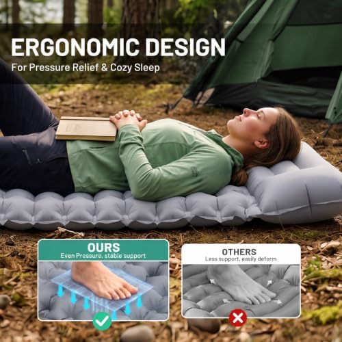 Overmont Ultralight Camping Sleeping Pad with Pillow, Built-in Foot Pump - Image 2