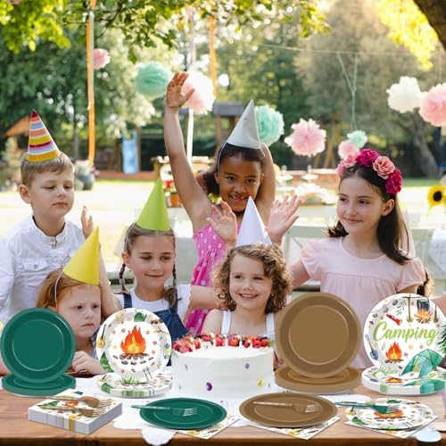 96 Pcs Camping Birthday Party Decorations Camping Plates and Napkins Camper Paper Plates Camp Adventure Disposable Tableware for Boys Girls Campfire Birthday Party Decoration Serve 24 Supplies Camper - Image 5