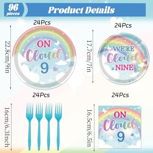 Rakuto on Cloud 9 Birthday Decorations for Girls, 96PCS Cloud 9 Year Old Girl Bday Disposable Paper Plates and Napkins Party Decorations, We Cloud Nine Forks Tableware Decor Supplies Serves 24 Guest - Image 2
