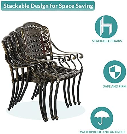 MEETWARM 5 Piece Patio Dining Set, Outdoor All-Weather Cast Aluminum Dining Table Set, Patio Furniture Set for Backyard, Include 4 Chairs with Cushions and a 35.4" Round Table with Umbrella Hole - Image 6