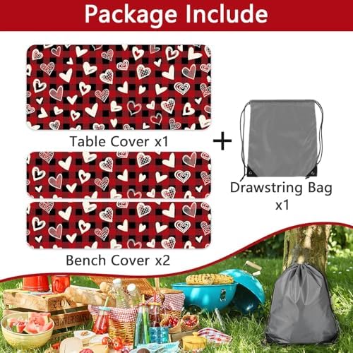 Valentines Day Picnic Table Cover with Bench Covers, Camping Essentials, Heart Buffalo Plaid Outdoor Table Covers, Waterproof Windproof, Fitted Tablecloth Cover with Elastic Edge, 3 PCS, 30x72 Inch - Image 7