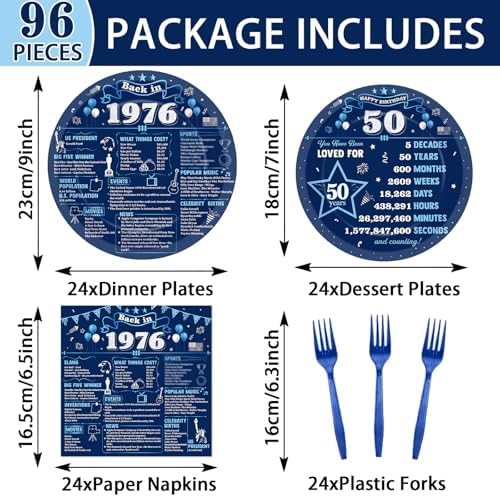 96Pcs 50th Birthday Party Paper Plates and Napkins 50th Birthday Supplies for Men and Women Disposable Dessert Plates Back in 1976 Blue Silver Tableware 1976 Birthday Gatherings Decorations - Image 2