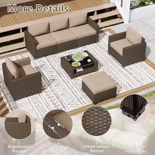 LOUVIXA 7 Piece Outdoor Patio Furniture Set, Rattan Chairs Glass Table Wicker Conversation Seating Sectional Sofa with Cushions (Brown-Camel, 7Pcs-2 Layer Coffee Table) - Image 6