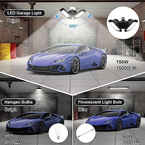 2 Pack LED Garage Light, 150W 15000LM 6500K LED Shop Lights, Garage Lights Ceiling Led with 4 Deformable Panels, Screw in E26/E27 Bulb Socket for Warehouse, Basement, Attic, Barn, High Bay Lighting - Image 5
