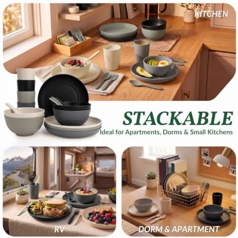 Homienly Unbreakable Wheat Straw Dinnerware Sets, Plastic Plates and Bowls Sets Alternative 20 PCS, Microwave & Dishwasher Safe Dish Set for Kitchen, Camping, Kids, Apartment, Lightweight(Grey Stone) - Image 4