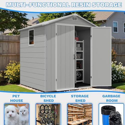 Greesum 6x6FT Plastic Outdoor Storage Shed with Floor, Light Gray - Image 5