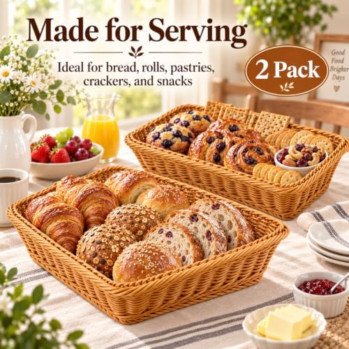 2 Pack Wicker Bread Baskets, 16 Inch Rectangular Serving Trays - Image 5