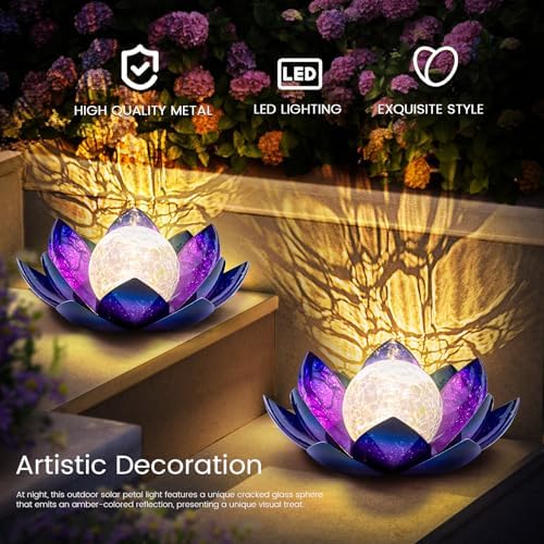 Huaxu Solar Lights Outdoor Decor, Purple Lotus Flower Light, Waterproof LED Crackle Globe Glass Lamp for Garden, Patio, Yard, Porch, Pathway, Ground, Tabletop Gifts for Mom,Women - Image 4