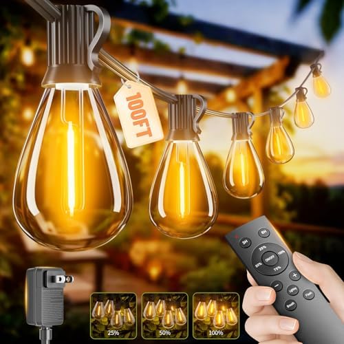 100FT Outdoor String Lights with Remote & Dimmable, 35+1 Shatterproof Waterproof Bulbs, Dimmable Outside Hanging Patio Lights for Backyard, Porch, Deck, Garden 2200K Warm Yellow by Unknown
