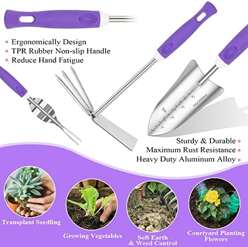 Purple Garden Tool Set Gardening Items for Women - 11PCS Heavy Duty Garden Tools with Detachable Storage Bag, Weeder, Dual-Purpose Hoe - Image 4
