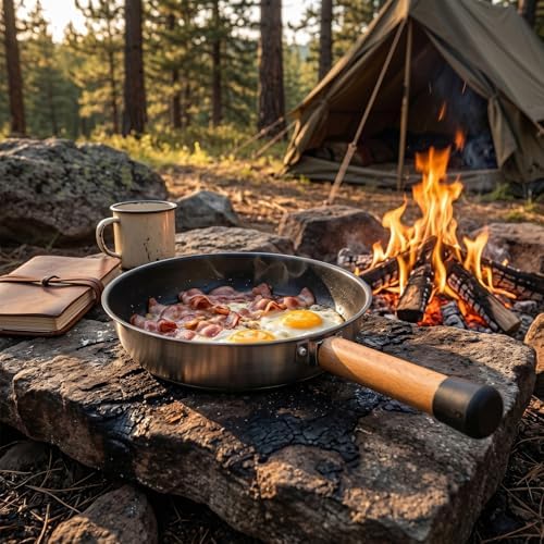 Camping Skillet, Portable Stainless Steel Frying Pan with Wooden Handle for Outdoor Cooking, Compact Size 20x35.5cm, Lightweight and Easy to Clean (Wooden Handle Frying Pan) - Image 3