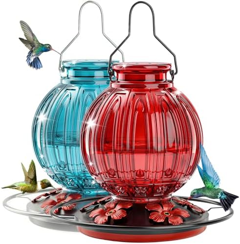 2 Pack Glass Hummingbird Feeder for Outdoors Hanging, Bird Nectar Feeder with Perch & 5 Flower Feeding Ports, 26 Oz Leak Proof for Outside Garden Decor Backyard, Gifts for Women Mom, Red + Blue by GreteGotye