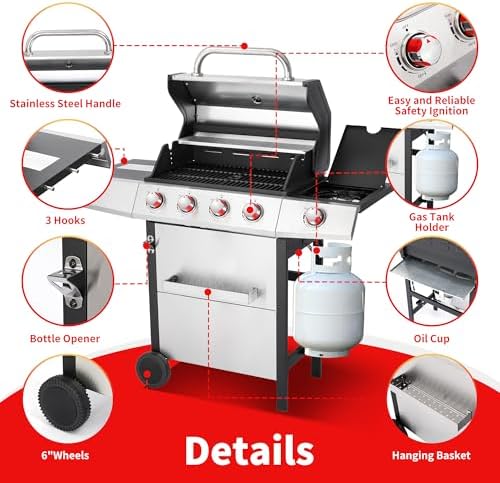 Griddle Grill Combo, 4 Burner Propane Gas and Charcoal Grill Combo with Side Burner, Outdoor BBQ Grill with Cast Iron Grates & Prep Space for Backyard Patio - Image 5