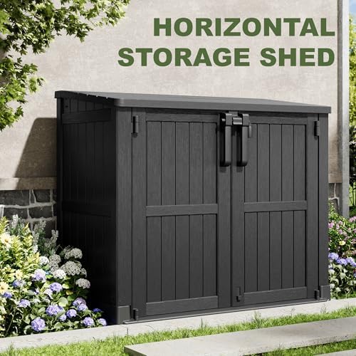 Plastic Outdoor Storage Shed, 37 Cu Ft Weatherproof Outdoor Storage Box with Double Lockable Door, All-Weather Resin Storage Cabinet for Patio, Backyard, Lawn, Garage and Poolside,Wood-Grain (Black) - Image 4