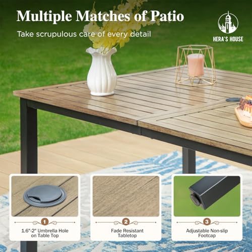 HERA'S HOUSE 7pc Outdoor Patio Dining Set, Wood-Look Metal Table, Brown - Image 5