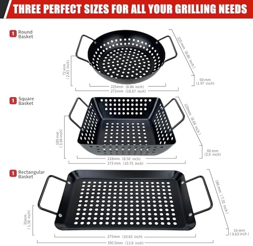 Qetumst Small Non-Stick 3 Piece Grill Basket Set – BBQ Grilling Basket for Vegetables, Seafood & Meat – Heavy Duty Perforated Grill Pan for Charcoal, Gas and Outdoor Grills, Easy to Clean Grilling Accessories - Image 4
