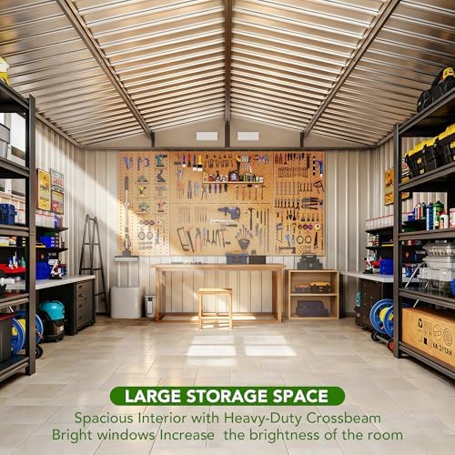MXV 10 x 10FT Outdoor Storage Shed, Metal Garden Shed with Windows, Double Lockable Doors & Sloped Roof, Magnetic Solar Lamp, Tool Sheds for Backyard Garden Patio Lawn, Brown - Image 7