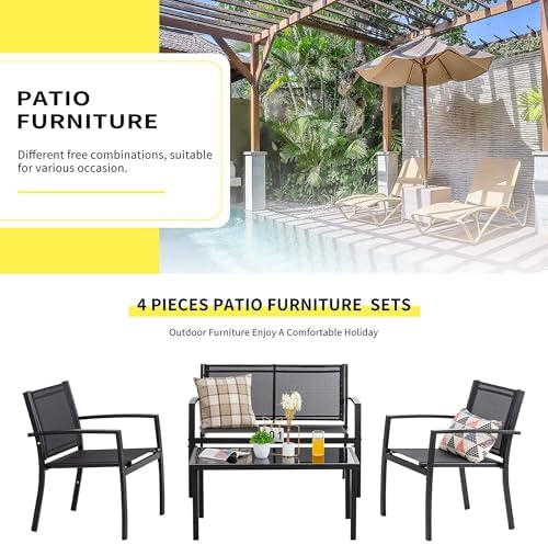 Shintenchi 4 Pieces Patio Furniture Set All Weather Textile Fabric Outdoor Conversation Set, with Glass Coffee Table, Loveseat, 2 Single Chairs for Home, Garden, Lawn, Porch（Black） - Image 7