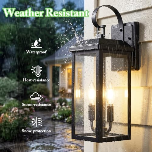 BesLowe 17.7" Large Outdoor Wall Lights, 2-Light Black Exterior Sconces - Image 2