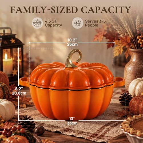 Overmont Pumpkin Enameled Cast Iron Dutch Oven with Lid,4.5 QT,Orange - Image 5