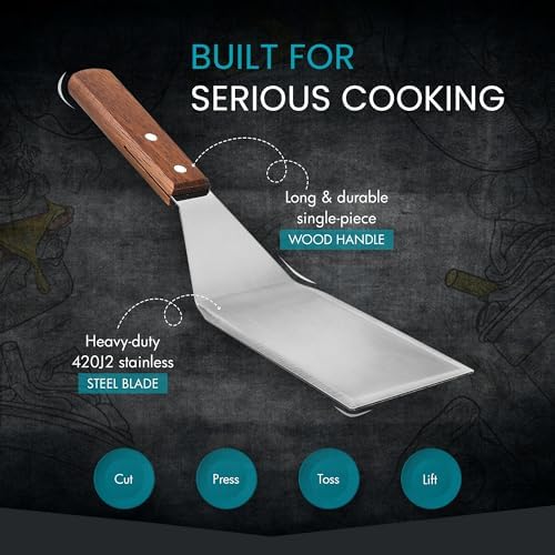 Homi Styles Stainless Steel Grill Spatula – 11" Heavy-Duty Metal Turner with Wood Handle, Beveled Edge for Cast Iron Skillets, Flat Top Griddles & BBQ – Burger, Pancake & Egg Flipper - Image 4