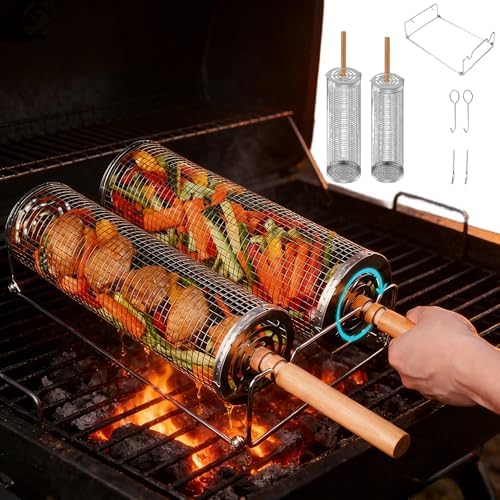 2PCS Rolling Grill Basket Grilling Accessories - Removable Wooden Handle, 304 Stainless Steel,Nesting Barbecue Tools,Smoker BBQ Accessories for Vagetable,Outdoor Cooking Camping,Picnic,Dinner Party,Gifts for Men Dad and Husband by Unknown
