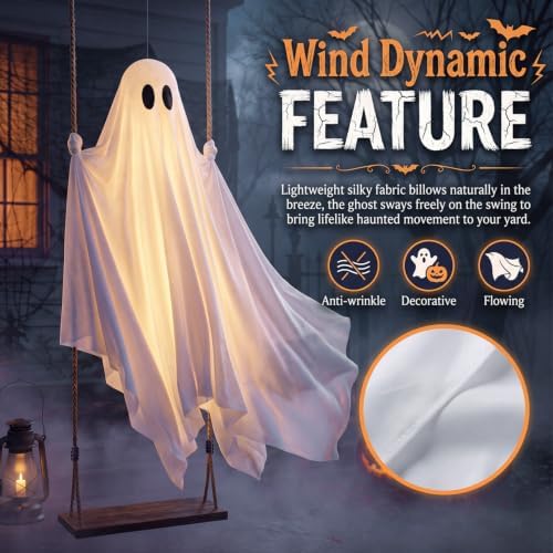 Halloween Decorations Outdoor, 5 FT Hanging Swing Ghost with String Lights​​, Light Up Large Spooky Cute Decor Kit, Scary Party Decoration for Outside, Garden, Yard, Lawn, Home - Image 5